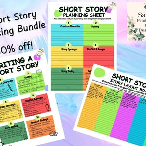 以下が含まれることがあります： 短編小説の執筆ワークシートの印刷可能なバンドル。バンドルには、計画シート、ストーリーレイアウトボード、短編小説を書くためのワークシートが含まれています。ワークシートはカラフルで、テキストとグラフィックが特徴です。