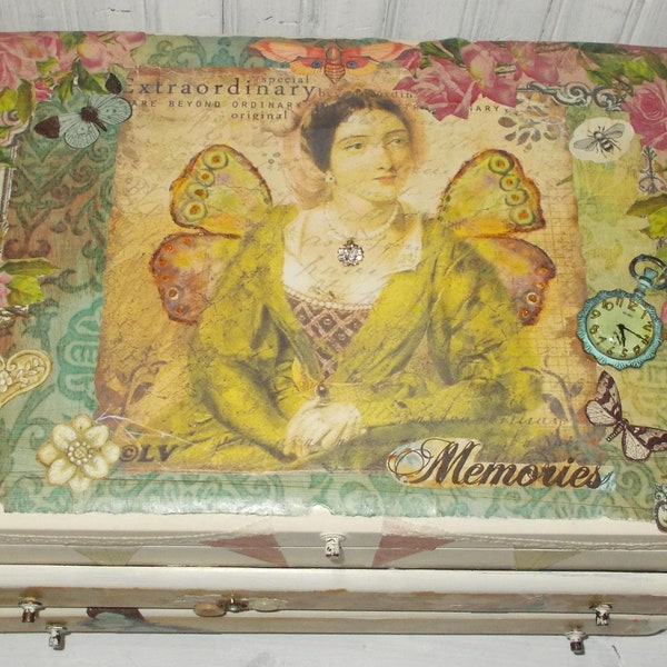 MBS Painted Jewelry Box, Large OOAK Decoupaged Jewelry Box With Butterfly And Fairy Theme, Fantasy Jewelry Box, Painted Vintage Jewelry Box