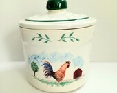 MBS Crock Shop Pottery Santa Ana CA, Pottery Rooster And Barn Crock With Cover, Cookie Jar, Utensil Holder, Rooster Crock Cookie Jar