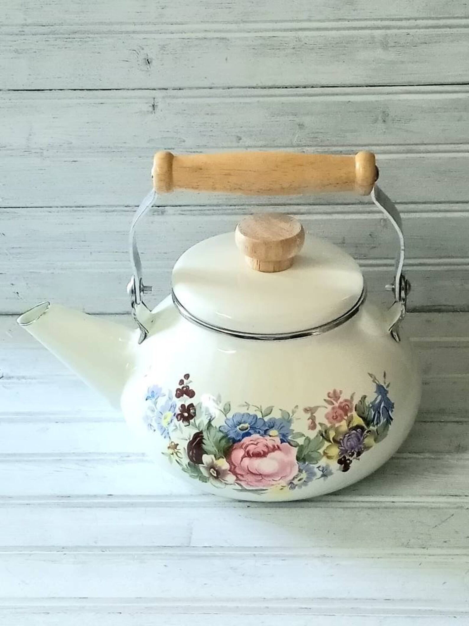 MBS Vintage Enamel Teapot Floral Teapot Retro Decor Boho Etsy