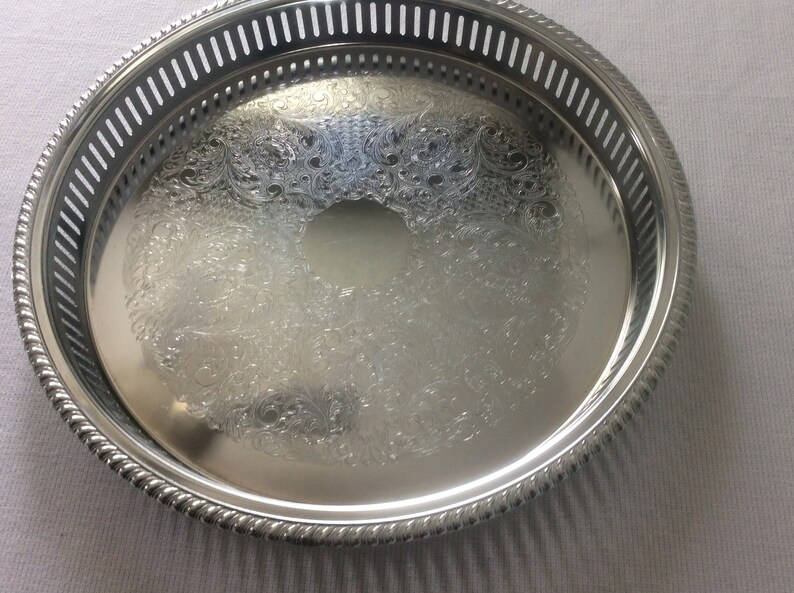 Vintage Ornate Irvanware Serving Tray Chrome Round Serving Platter Regency Table Center Piece, Ornate Serving Tray
