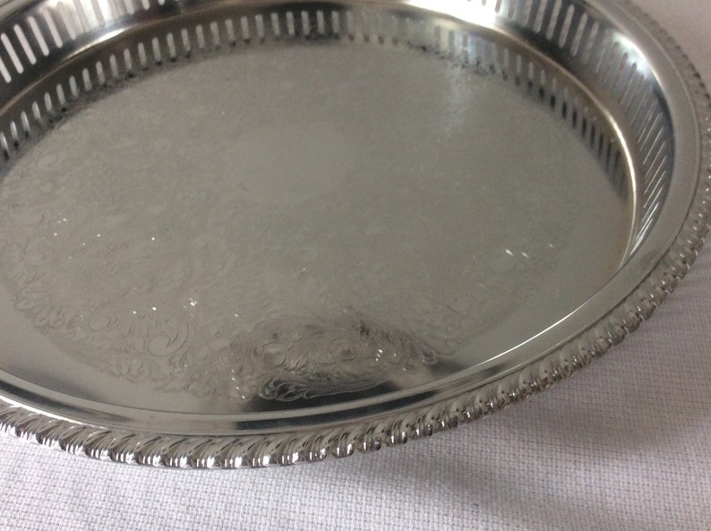 Vintage Ornate Irvanware Serving Tray Chrome Round Serving Platter Regency Table Center Piece, Ornate Serving Tray