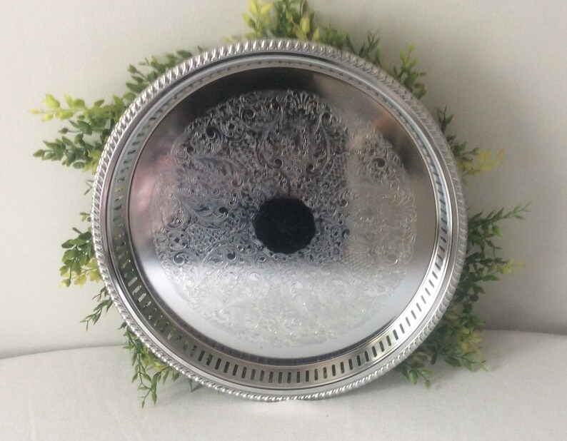 Vintage Ornate Irvanware Serving Tray Chrome Round Serving Platter Regency Table Center Piece, Ornate Serving Tray