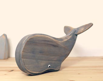 Wooden whales, baby's room decoration, eco-friendly toy, wooden toy, grey