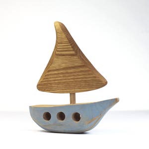 Wooden boat, wooden toy, baby's room decoration, ocean, sea, blue image 1