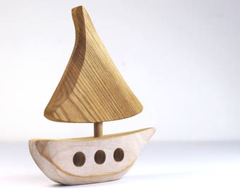 Wooden boat, wooden toy, baby's room decoration, ocean, sea, white