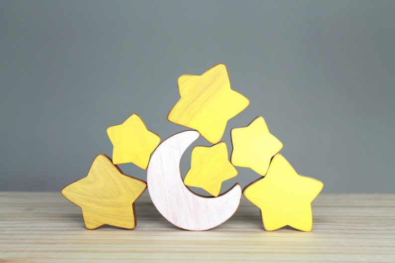 Wooden moon and stars, space, baby's room decoration image 1