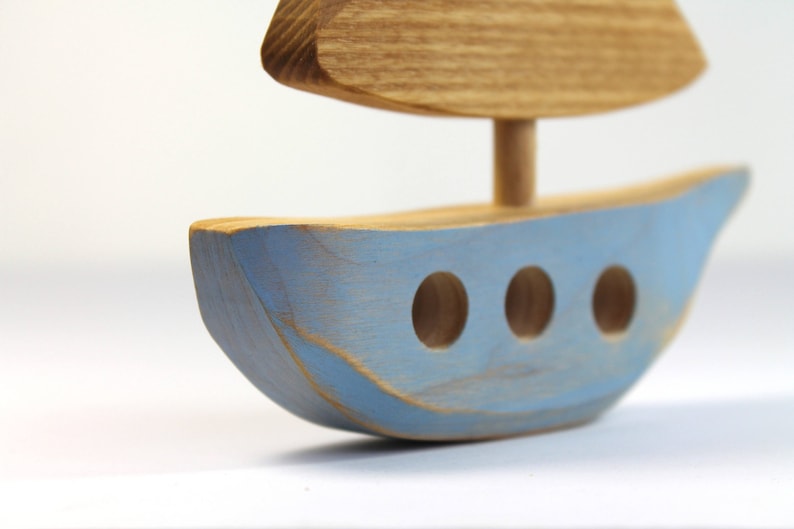 Wooden boat, wooden toy, baby's room decoration, ocean, sea, blue image 5