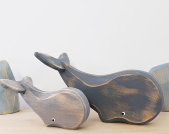 Wooden whales, baby's room decoration, eco-friendly toy, wooden toy, white