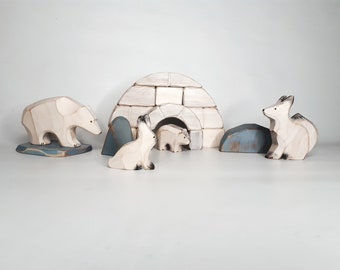 Small arctic playset toy, wooden puzzle, north pole, inuit house, arctic animals