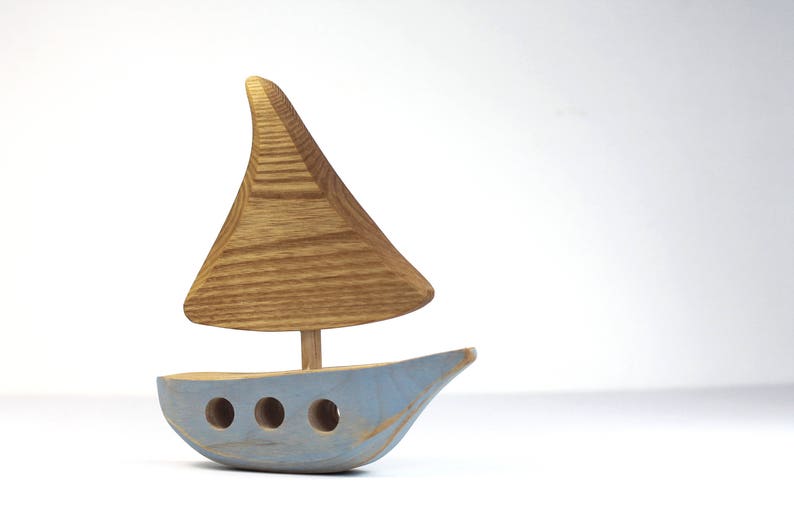 Wooden boat, wooden toy, baby's room decoration, ocean, sea, blue image 1