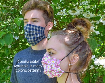 Reusable Cotton Face Mask, Comfortable Elastic Over The Back of the Head, Pleated With Nose Wire pocket and Filter Pocket, More Colors