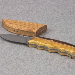 Drop Point Hunter&#39;s Knife  - Handcrafted Sculptured Wooden Handle - Wooden Sheath - Handmade Wooden Knife - Excellent Grip for Cutting