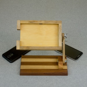 Adjustable Handcrafted Wooden Phone Stand for Using, Charging, Displaying, and Storing Cell Phones