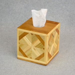 Tissue Box Cover - Handcrafted from Strips of Cherry, Ash and Sassafras for Cube size Tissue Box
