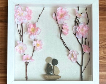 9x9 Pebble Art Happy Couple By Pink Cherry Blossom Trees in Shadow Box Modern Wall Art