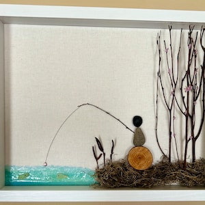 11x14 Pebble Art Going Fishing Scene in Shadow Box Modern Wall Art