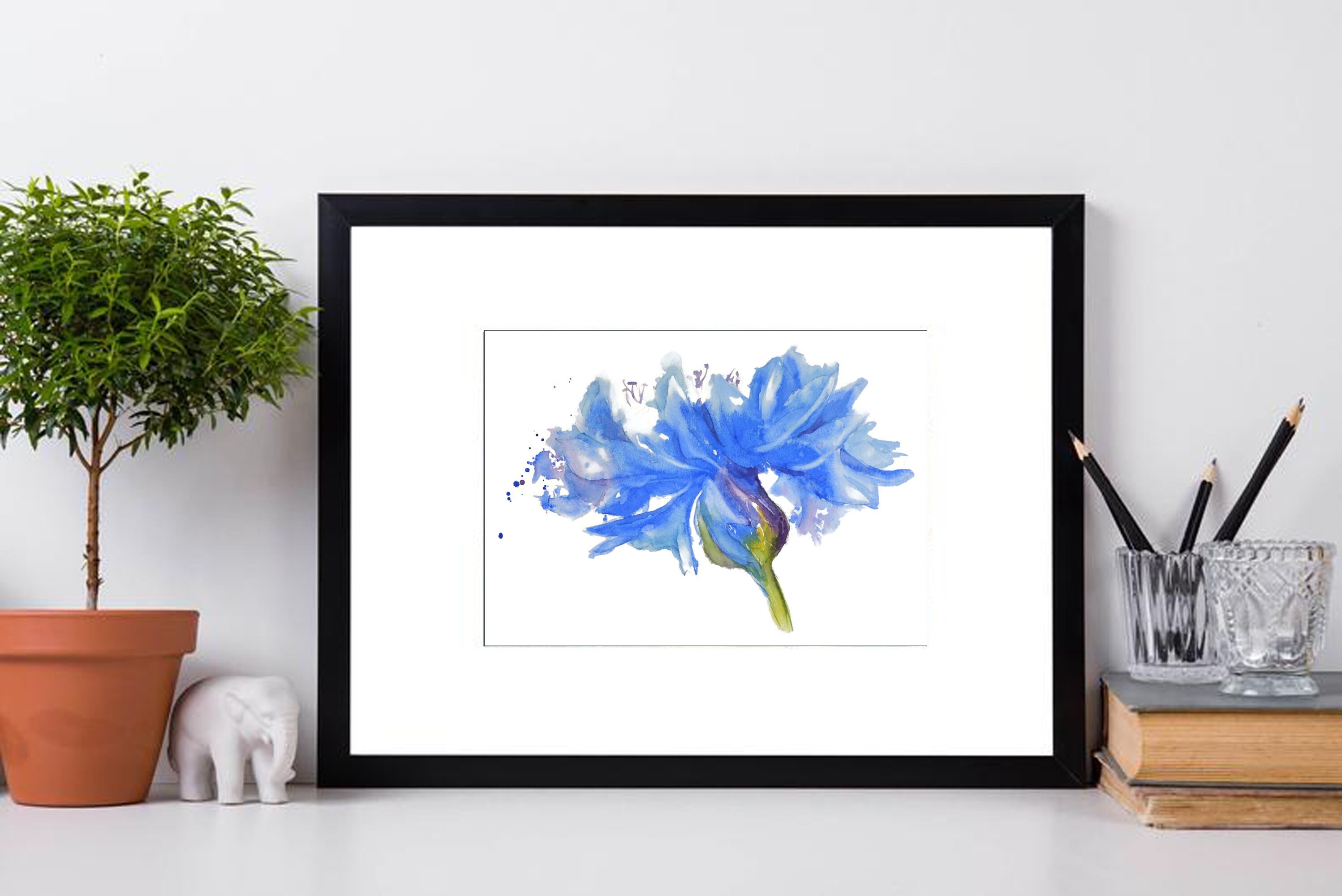 Single Large Flower Blue Floral Art Watercolor Painting Etsy