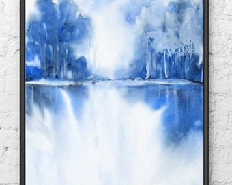 Watercolor Painting Original, Blue Painting,Original Watercolor Painting, Abstract Landscape,Blue Monochrome Art, Masculine Art,11x15 inches