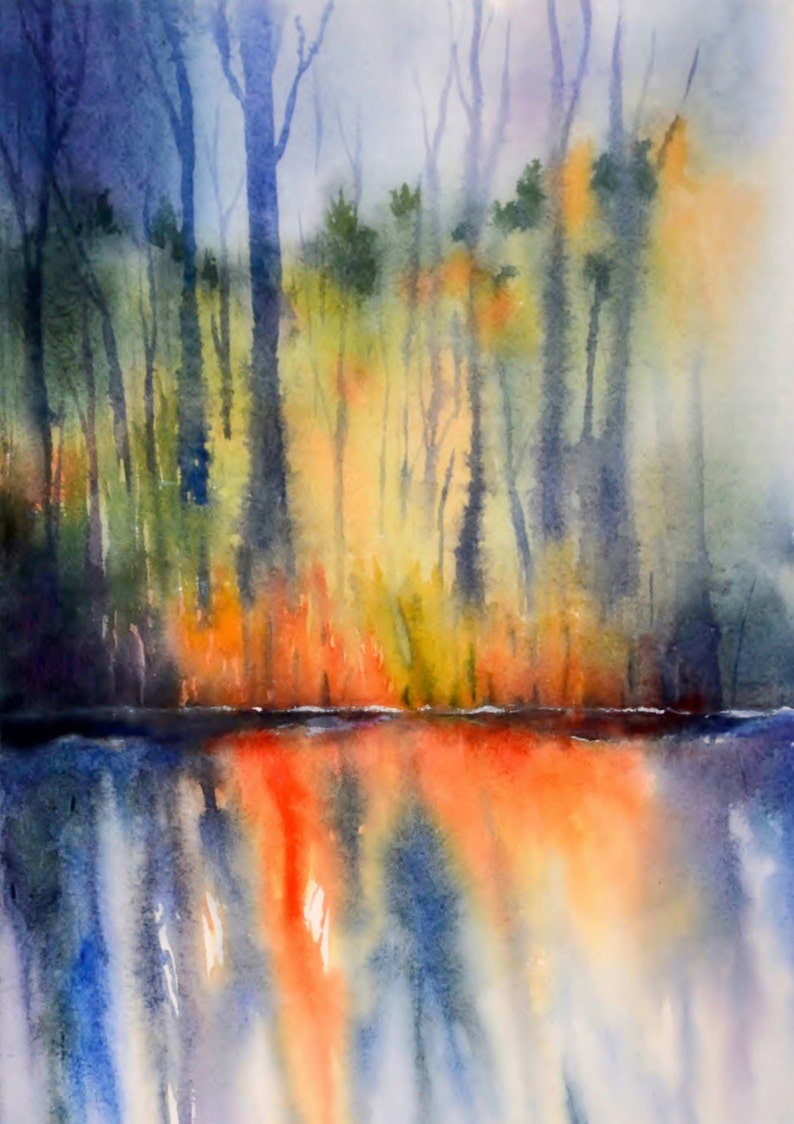 Sunset Print Water Reflection Watercolor Painting Landscape Etsy
