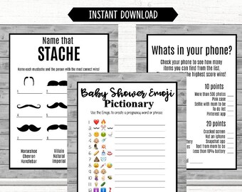 Baby Shower Game Pack- Emoji Game, Name That Stache, and Whats in your phone- Rustic- Lumberjack- Black- Gray Wood- INSTANT DOWNLOAD