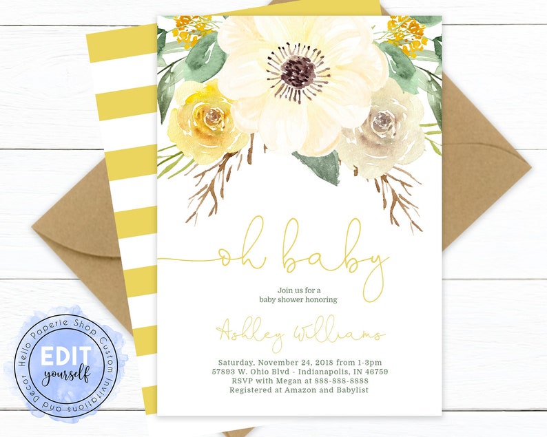 Floral Baby Shower Invitation Editable Yellow Baby Shower Etsy
