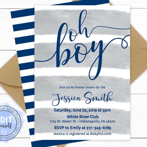 Baby Shower Invitation Boy Editable Invitation Template Navy Etsy