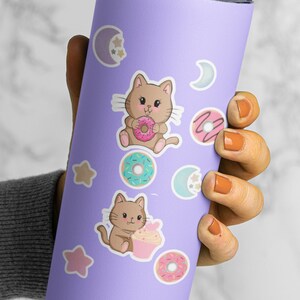 Cute Kawaii Cats Sticker Sheets, set of 2. Adorable anime cartoon swimming, mermaid, donuts, moon and stars