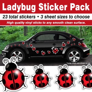 May include: A pack of 23 ladybug stickers in various sizes. The stickers are red with black spots and are shown on a black car. The text on the image reads "Ladybug Sticker Pack", "23 total stickers", "3 sheet sizes to choose", and "High quality vinyl sticks to any smooth clean surface."