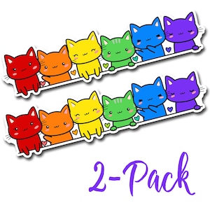 May include: Two packs of rainbow cat stickers. Each pack features seven cute cartoon cats in a line, each a different color of the rainbow. The cats are all smiling and have hearts around them.