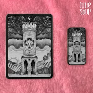 May include: A tablet and a smartphone displaying a black and white digital illustration of a stone tower with a face embedded in the center, surrounded by a landscape of rolling hills, trees, and a sun, with the text "Lolle Shop" in the corner.