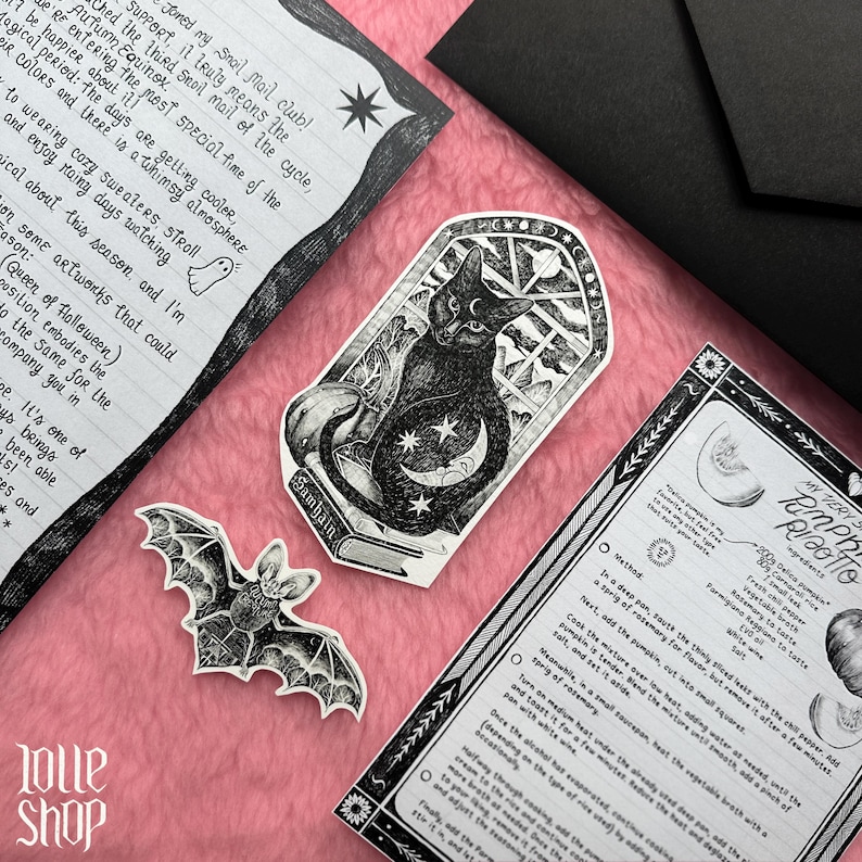 Op de afbeelding: Een zwart-witte stickerset met een kat die op een boek zit met een maansikkel en sterren, een vleermuis, en twee bedrukte vellen met handgeschreven tekst en een recept voor pompoenrisotto, gerangschikt op een roze ondergrond.