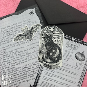 Op de afbeelding: Een zwarte envelop met een handgeschreven brief, een vleermuisvormige sticker en een uitgesneden sticker van een zwarte kat die op boeken voor een raam zit. Ook is een receptkaart voor pompoenrisotto met gedrukte tekst en illustraties zichtbaar.