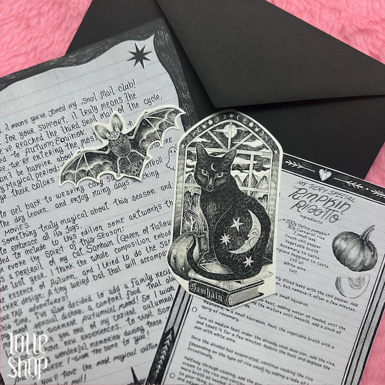 Op de afbeelding: Een zwarte envelop met een handgeschreven brief, een vleermuisvormige sticker en een uitgesneden sticker van een zwarte kat die op boeken voor een raam zit. Ook is een receptkaart voor pompoenrisotto met gedrukte tekst en illustraties zichtbaar.