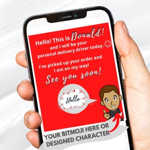 Doordash アニメーションテキスト、パーソナライズされた GIF、デジタルダウンロード、向かっている途中のメッセージ、カスタム写真、Bitmoji、絵文字、カスタムキャラクター、ありがとう