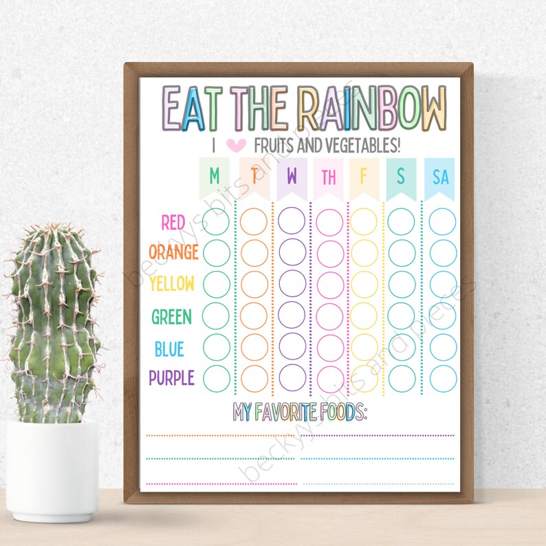 May include: A printable chart titled "Eat the Rainbow" with a heart and the text "I  Fruits and Vegetables!"  The chart has a column for each day of the week and rows for different colors: red, orange, yellow, green, blue, and purple. Each color has seven circles for tracking daily intake.