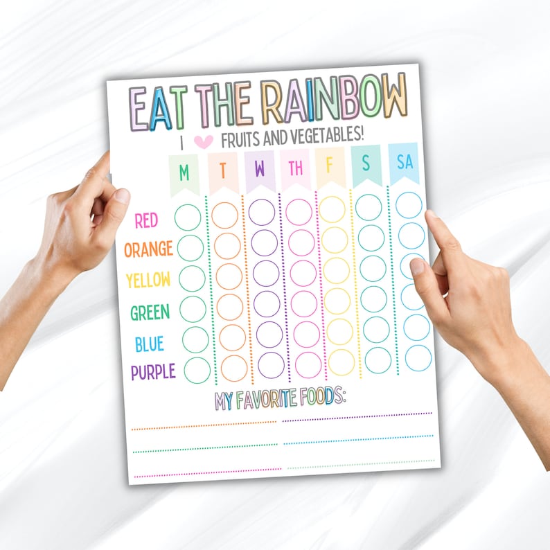 May include: A printable chart titled "Eat the Rainbow" with a heart and the words "Fruits and Vegetables!"  The chart has a column for each day of the week, Monday through Sunday, and rows for different colors: red, orange, yellow, green, blue, and purple. Each row has seven circles for each day of the week to track eating fruits and vegetables of that color. The chart also has a section at the bottom for "My Favorite Foods."
