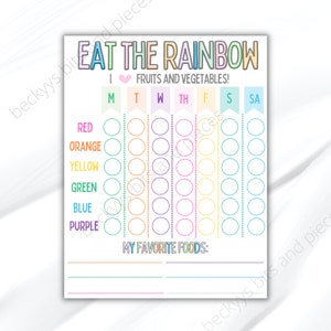 May include: Printable chart with the title "Eat the Rainbow" and a heart with the text "Fruits and Vegetables!"  The chart has a column for each day of the week and rows for different colors: red, orange, yellow, green, blue, and purple. Each color has seven circles for tracking.
