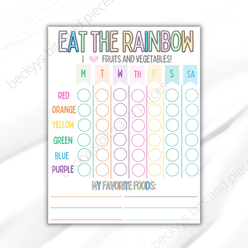 May include: Printable chart with the title "Eat the Rainbow" and a heart with the text "Fruits and Vegetables!"  The chart has a column for each day of the week and rows for different colors: red, orange, yellow, green, blue, and purple. Each color has seven circles for tracking.