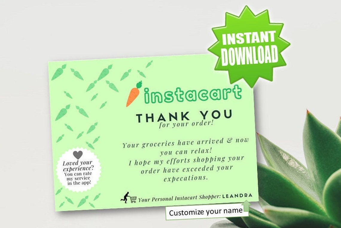 Instacart Thank you Card for Customer Orders Printable Shipt | Etsy