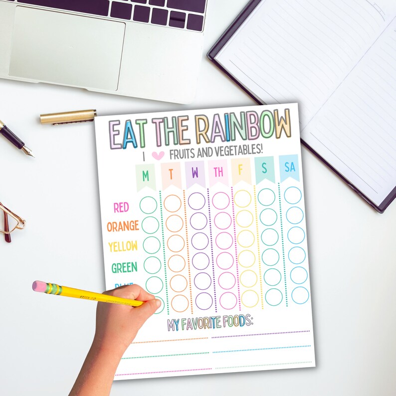 May include: A printable chart titled "Eat the Rainbow" with a heart and the words "Fruits and Vegetables!"  The chart has a column for each day of the week and rows for different colors: red, orange, yellow, green, blue, and purple. Each color has a row of seven circles for tracking daily intake.