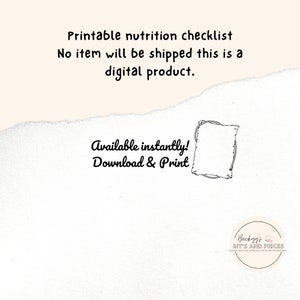 May include: Printable nutrition checklist, a digital product, available for instant download and printing. The text "Available instantly! Download & Print" is written in a decorative font.