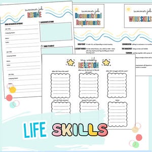 May include: A collection of printable worksheets with the titles "Resume", "Documents and Requirements", "Work Skills", and "My Weekly Reflection". The worksheets have a summer job theme with colorful wave and sun graphics. The words "Life Skills" are at the bottom.