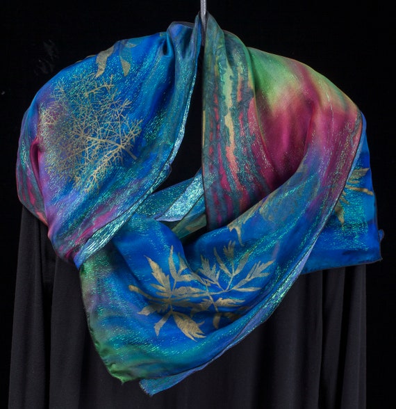 Duo Hand Painted, Hand Printed Silk Organza Scarf in Rainbow Colors:  #CMSC051