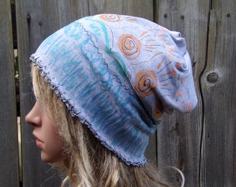 Slouchy Hand Painted Hat-Chemo Hat-Beanies for Hair Loss-Cotton Hat-Hats for Cancer Patients-Chemo Headwear-Head Covering-Beanie Headwear