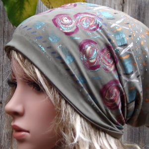 Hand Painted Slouchy Ladies Hat,Hat for Women,Chemo Headwear,Head Wrap Scarf,Cute Hat For Cancer Patients & Hair Loss,Cotton Head Covering