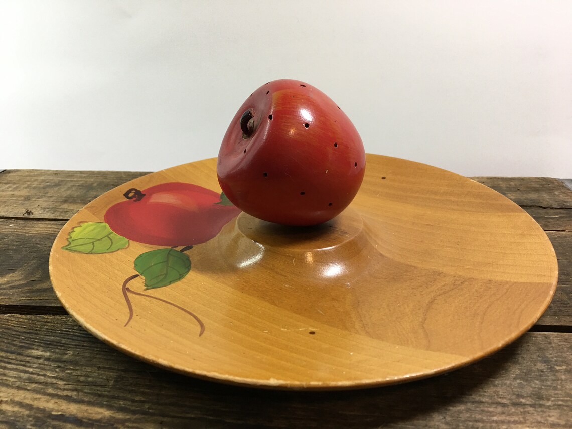 Vintage Painted Wood Cheese Tray With Apple Shaped Toothpick Holder Etsy