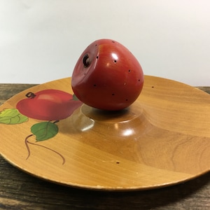 Vintage Painted Wood Cheese Tray with Apple Shaped Toothpick Holder