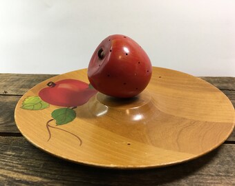 Vintage Painted Wood Cheese Tray with Apple Shaped Toothpick Holder