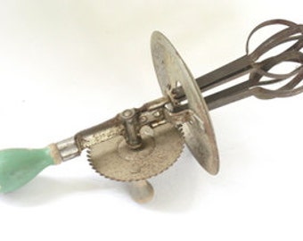 Egg Beater with Teal Wood Handle Antique 1923